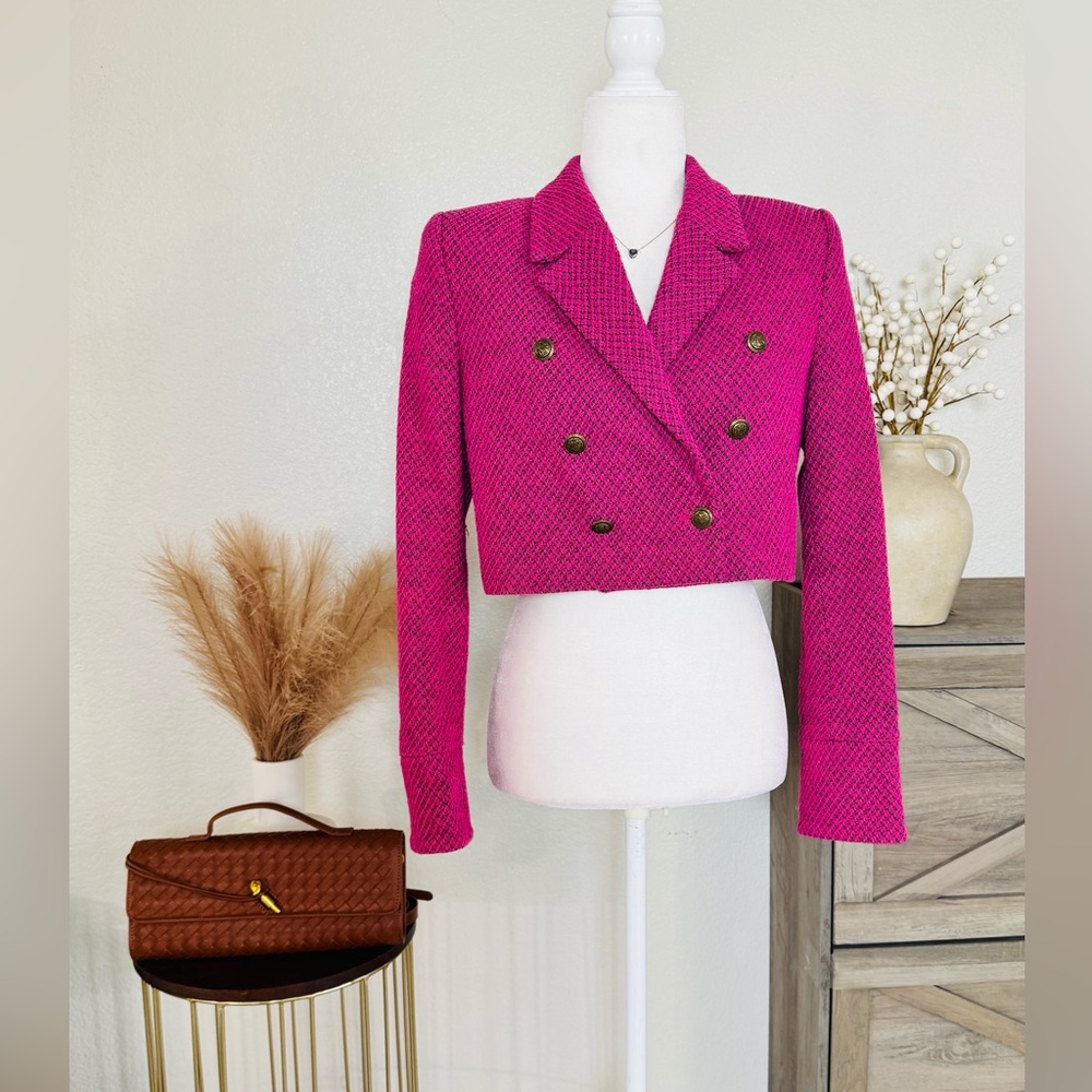 Hot Pink Zara Cropped Tweed Blazer